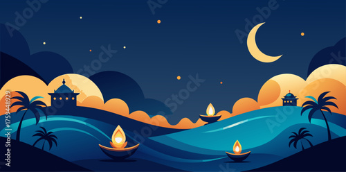 Night Landscape With Crescent Moon And Floating Oil Lamps