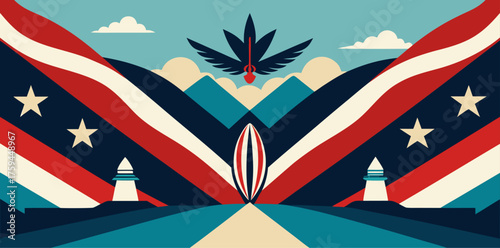 Patriotic Abstract Landscape with Cannabis Leaf and Surfboard