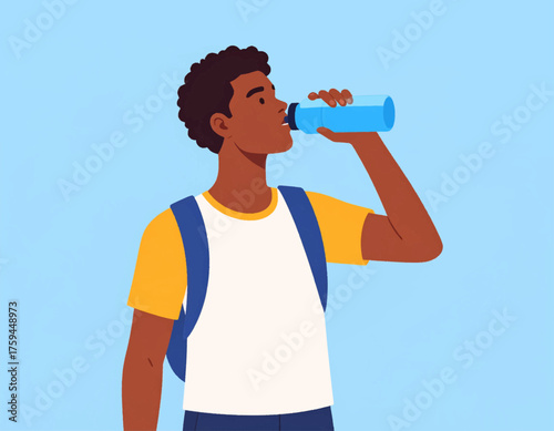Illustration of a young man drinking water from a blue bottle.