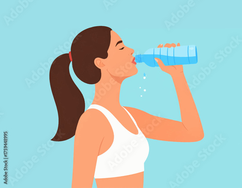 A young athletic woman in a white top drinking fresh water from a bottle to stay hydrated.