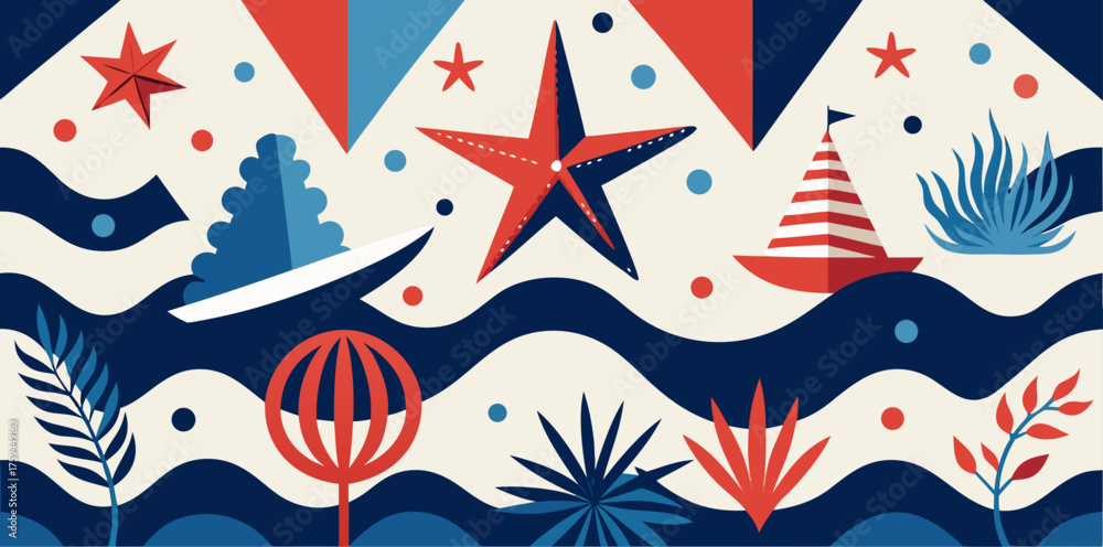 Obraz premium Stylized Nautical Landscape with Starfish and Sailboat