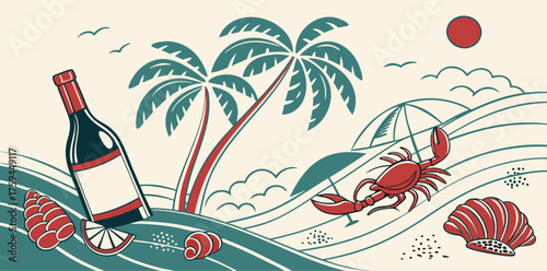 Stylized beach scene with wine bottle and crab tropical