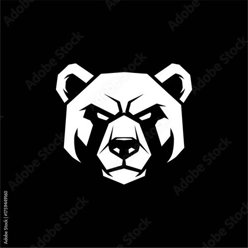 A stylized, white bear head with an intense expression, set against a black background.