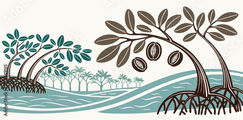 Stylized Mangrove Trees with Fruit and Water plant
