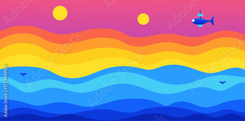 Stylized Sunset Over Wavy Ocean with Flying Submarine