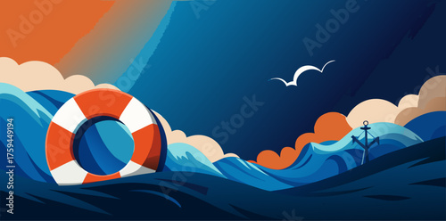 Stylized Ocean Waves With Lifebuoy And Anchor Keywords: ocean, sea, waves, nautical, lifebuoy
