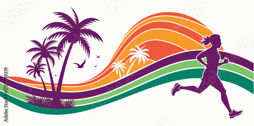 Woman Running Palm Trees Tropical Sunset Waves runner