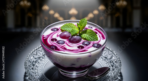 Elegant dessert with grapes and mint in a crystal bowl beautifully styled and photographed