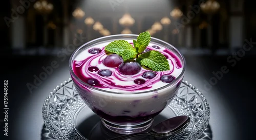 Obraz  z motywem Elegant dessert with grapes and mint in a crystal bowl beautifully styled and photographed