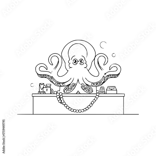 An octopus with jewelry and bubbles sitting behind a counter in a black and white line drawing style