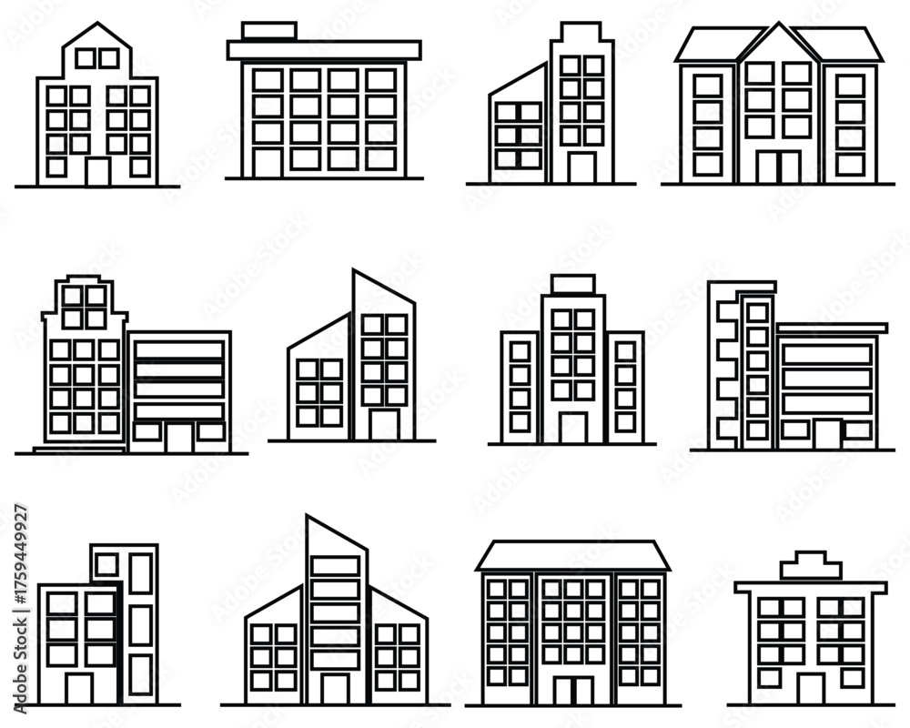 Fototapeta premium City Buildings and Bridge Icon Set – Black & White Line Art Vector for Real Estate and Urban Design