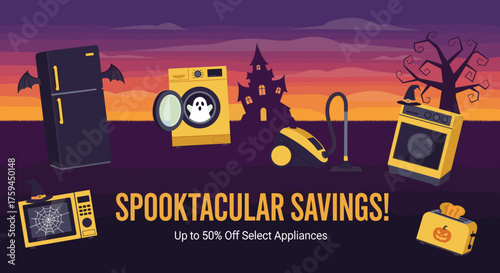 Spooktacular Halloween appliance sale illustration decorated fridge washer oven microwave toaster vacuum in a haunted setting Seasonal retail