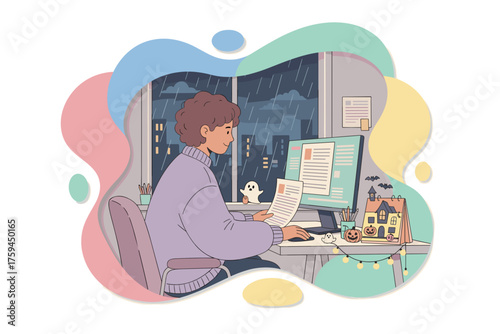 Smiling person working at home on a computer on a rainy Halloween night