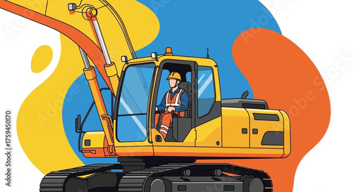 Construction worker operating a yellow excavator Industry building and development concept