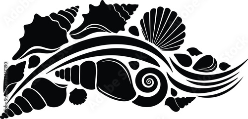 Vector Seashells decorative arrangement in black and white silhouette illustration
