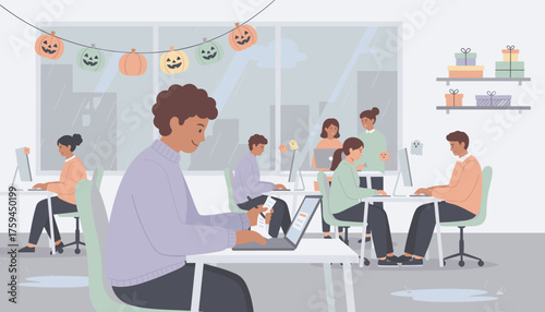 Team collaboration in a festive office on a rainy day celebrating Halloween while working productively