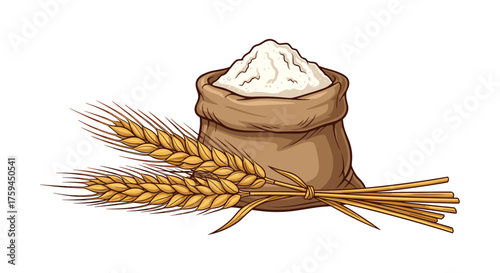A sack of white flour sits next to a bundle of wheat stalks with golden grains.