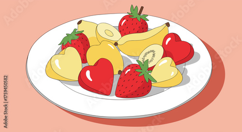 A delightful plate of fresh fruit featuring strawberries bananas and heart shaped treats.