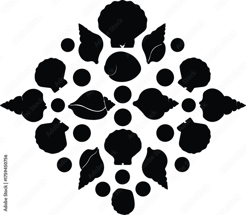 Fototapeta premium Vector Seashells in decorative arrangement black and white silhouette illustration