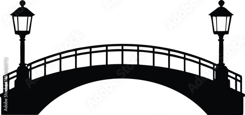 Bridge with lanterns silhouette vector. Traditional architectural structure icon