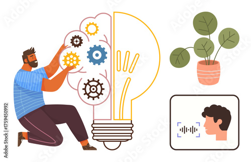 Person adjusting gears inside lightbulb, symbolizing innovation AI voice recognition houseplant in pot. Ideal for creativity, problem-solving, technology, AI, brainstorming, innovation