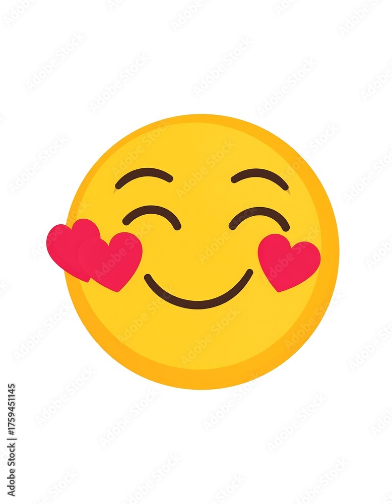 Fototapeta premium A smiling, yellow face emoji with heart-shaped blushes, eyes closed