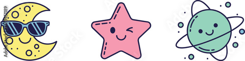 Cute cartoon moon with sunglasses, winking star, and smiling planet with rings