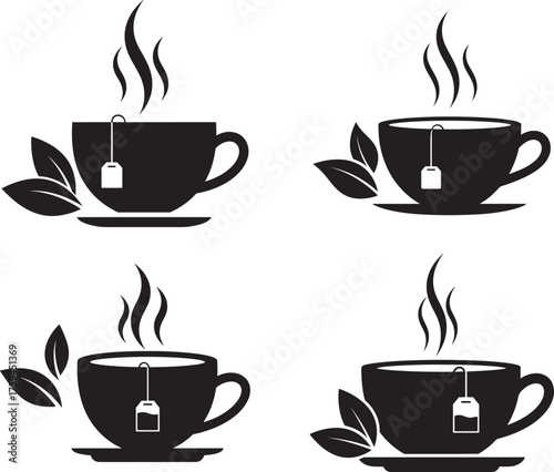 Four black silhouette tea cups with steam and tea leaves