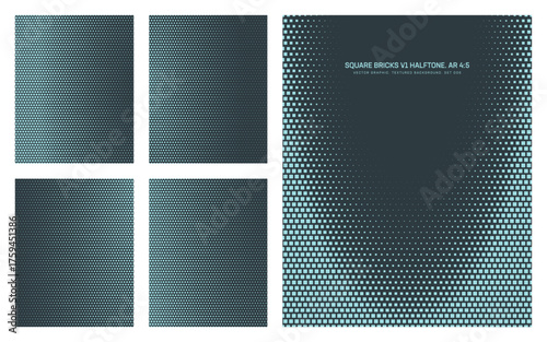 Assorted vector square bricks dark cyan halftone pattern set in vertical 4:5 aspect ratio including elliptical frame and various smooth textures. Varied modern half tone textured design element bundle