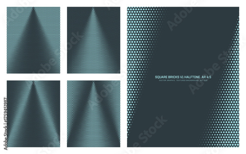 Assorted vector square bricks dark cyan halftone pattern set in vertical 4:5 aspect ratio including angled frame and various pyramid shaped textures. Varied mod half tone texture design element bundle