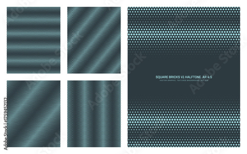 Assorted vector square bricks dark cyan halftone pattern set in vertical 4:5 aspect ratio including faded border and various striped textures. Miscellaneous mod half tone texture design element bundle
