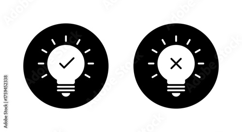 Light bulb decision icon in black circle. Idea approval and rejection symbol