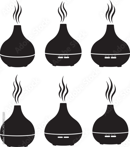 Six black silhouettes of essential oil diffusers with steam