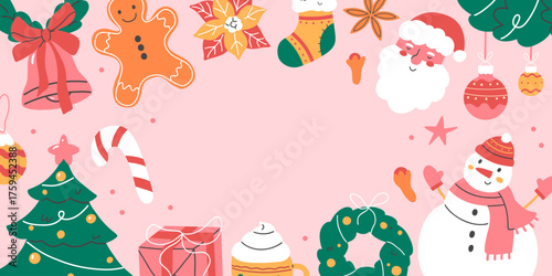 Christmas horizontal background, banner in flat style. Modern beautiful Christmas design with hand-drawn Christmas tree, gifts, Santa, sock, and bell. Vector illustration.