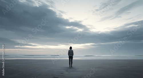 A solitary figure stands on a vast, empty beach, gazing out at the dramatic, cloudy sky and the endless ocean, evoking a sense of contemplation and solitude