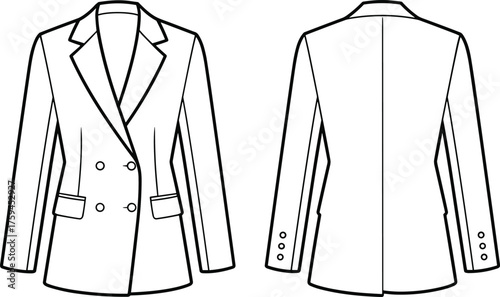 Double breasted blazer, fashion illustration, notched lapel, cuff buttons, center vent, garment design, tailoring sketch, front back view, technical drawing