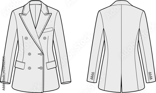 Double breasted blazer, fashion illustration, technical sketch, notched lapel, cuff buttons, garment design, tailoring reference, front back view, structured silhouette