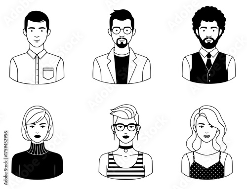 Diverse Group of People Line Art Portraits of Men and Women.