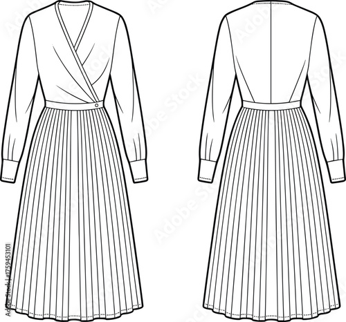 Pleated midi dress, wrap bodice sketch, buttoned waistband, long sleeves, garment design, fashion illustration, technical drawing, front back view