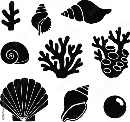 Vector underwater marine life coral and seashells black silhouette illustration