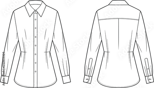 Women's shirt technical sketch, front and back view, button-up design, tailored fit, fashion illustration, garment template, sewing pattern, flat drawing
