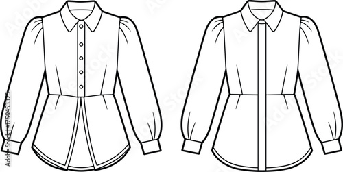 Women's blouse technical sketch, puff sleeve design, front closure variation, fashion illustration, garment template, sewing pattern, apparel drawing, flat sketch