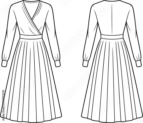 Wrap bodice dress, fashion illustration, pleated skirt, long sleeves, fitted waistband, garment design, sewing pattern, front back view, technical sketch