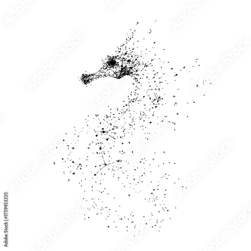 Abstract seahorse illustration composed of scattered black dots and connecting lines on white background