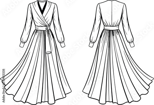 Wrap bodice dress, fashion illustration, puff sleeves, pleated skirt, belted waist, technical sketch, garment design, front back view, couture drawing