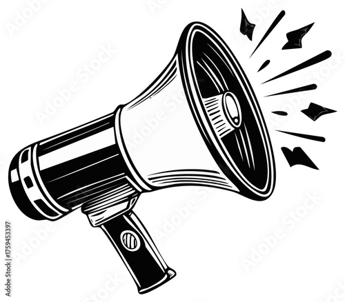 Loudspeaker Icon Shouting with Sound Waves in Black and White Engraving Style for Announcements and Protest Actions