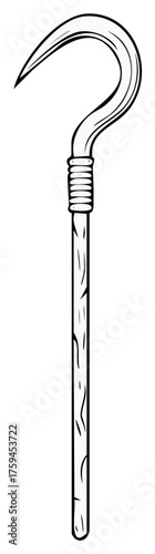 Stylized cartoon drawing of a simple sickle tool with a wooden handle and metal hook