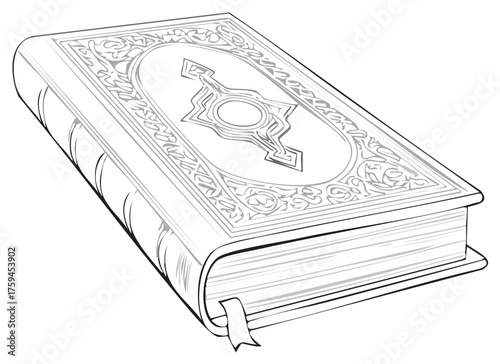Detailed line art illustration of a closed ancient book with an ornate decorative cover and ribbon bookmark