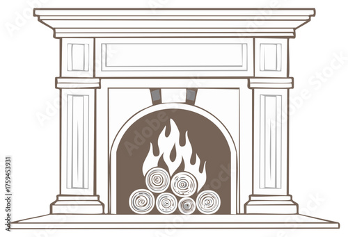 Classic fireplace with mantelpiece and burning logs illustration for a cozy home interior