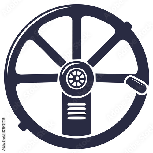 Illustration of a dark blue ship steering wheel or a boat wheel with a handle on one side